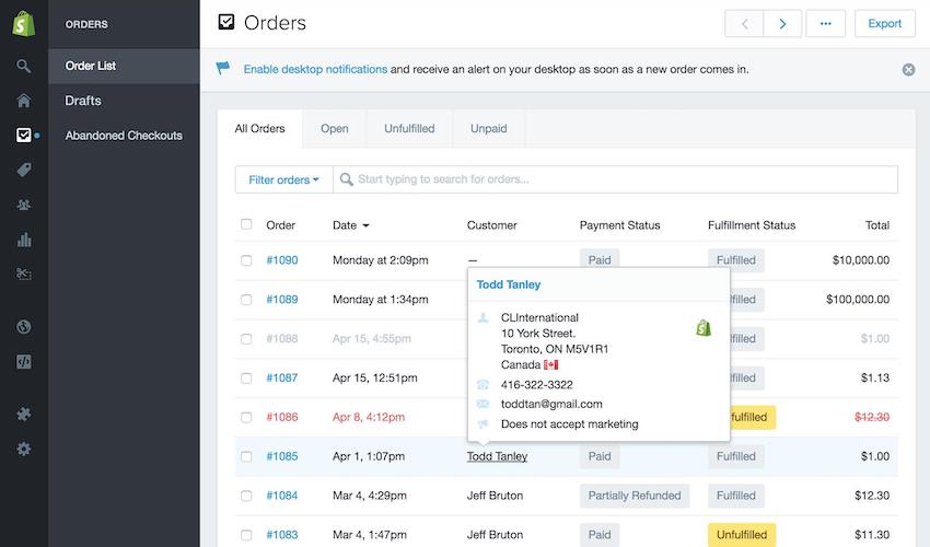 Webpage screenshot example of shopify integration dashboard showing orders and customer info details close up